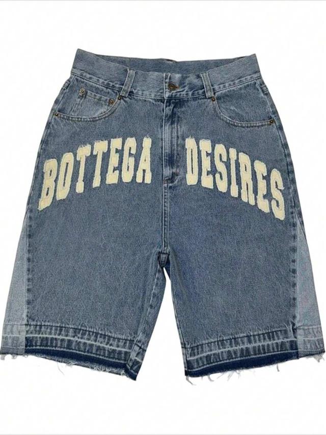 vintage washed light blue denim patchwork graphic shorts