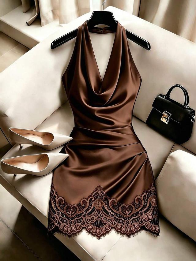 brown satin cowl neck dress with lace hem