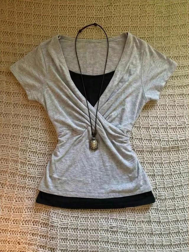 casual colorblock patchwork v-neck t-shirt