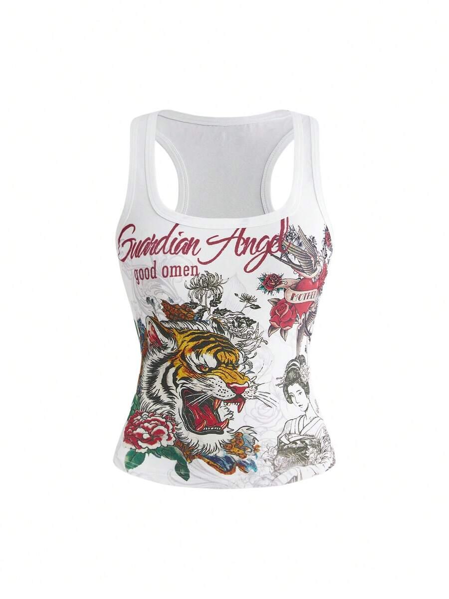 white racerback tank top with tiger tattoo print
