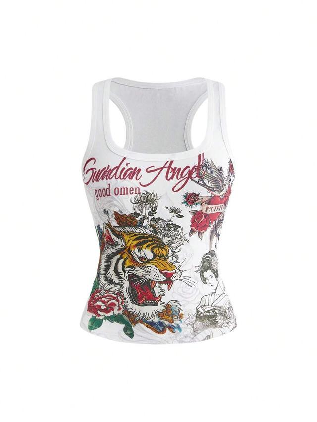 white racerback tank top with tiger tattoo print