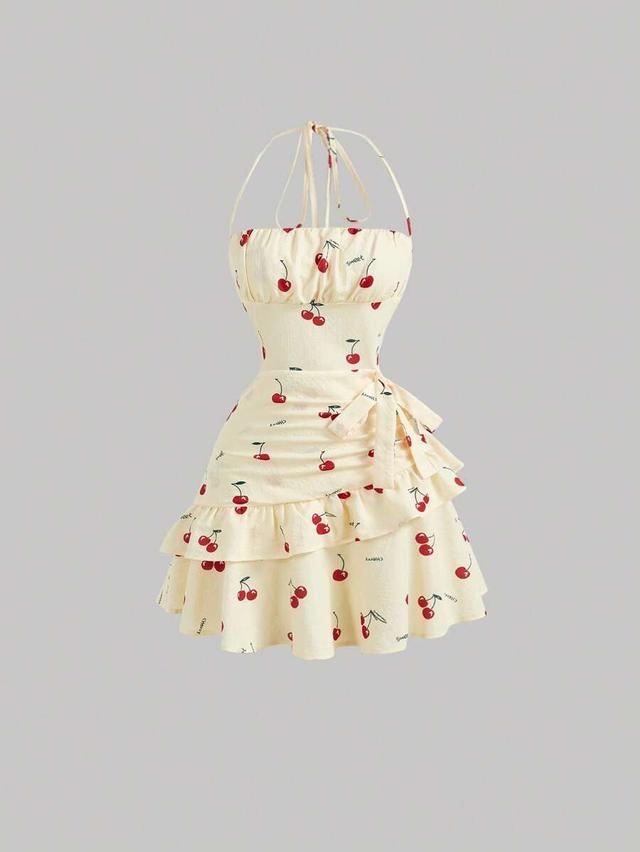 cherry print ruffle trim backless halter summer dress