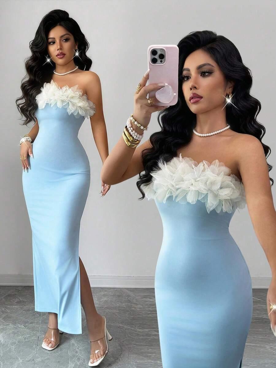 strapless light blue floral appliqué bodycon maxi dress