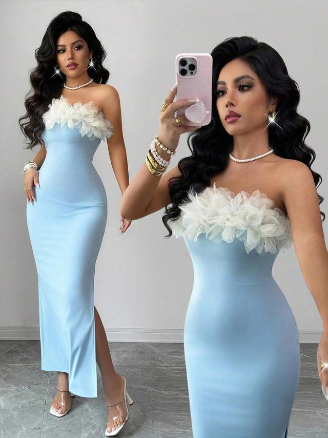 strapless light blue floral appliqué bodycon maxi dress