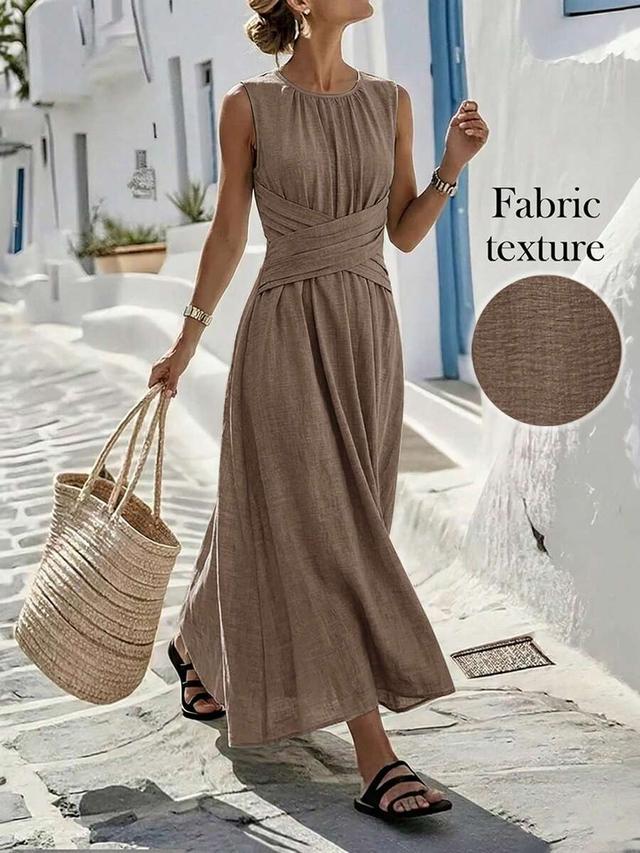 sleeveless brown linen midi dress with crossover waist