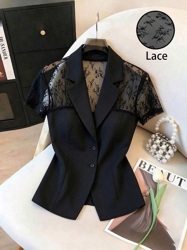 black contrast lace lapel button-up jacket