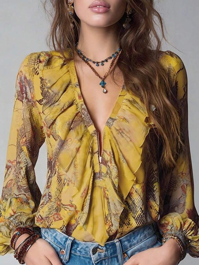 vintage french style yellow chiffon ruffle zipper blouse