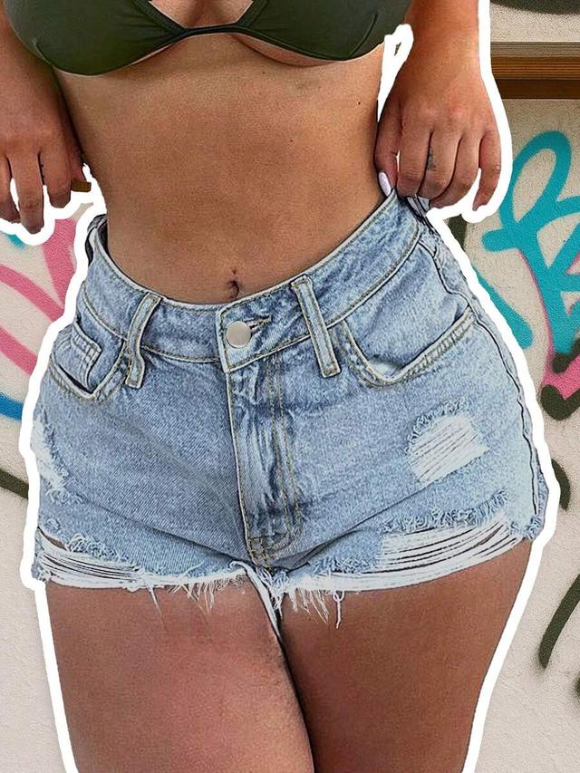 light wash distressed denim high rise shorts