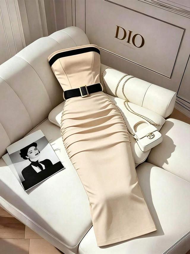 beige strapless midi dress with black contrast trim
