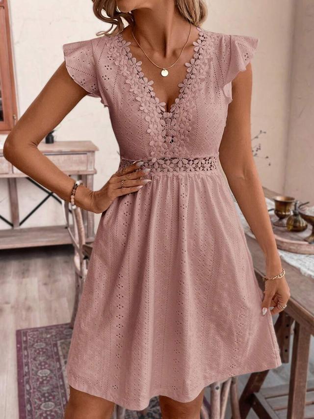pink v-neck sleeveless eyelet lace midi dress