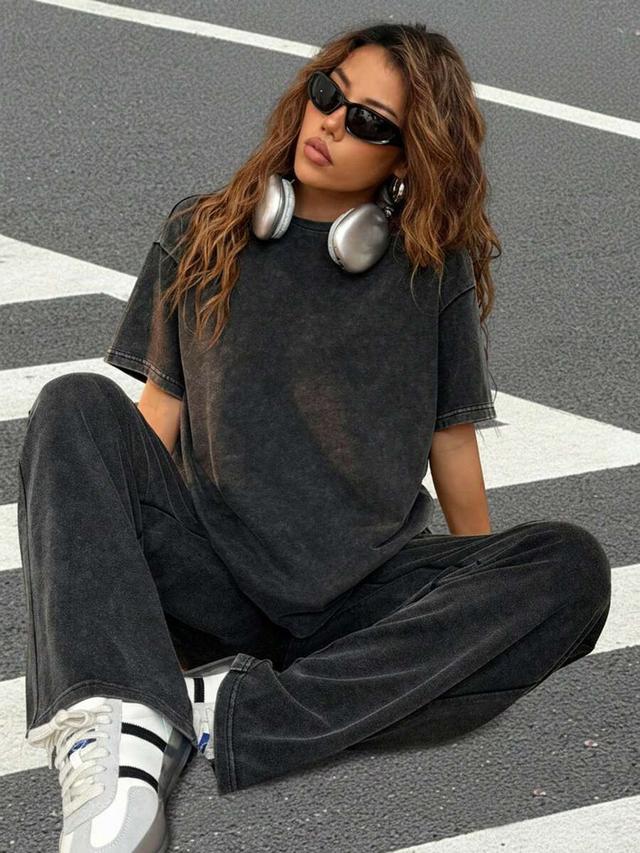 dark washed straight leg casual trousers