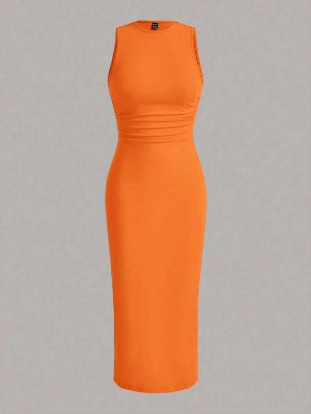 orange sleeveless knitted bodycon midi dress