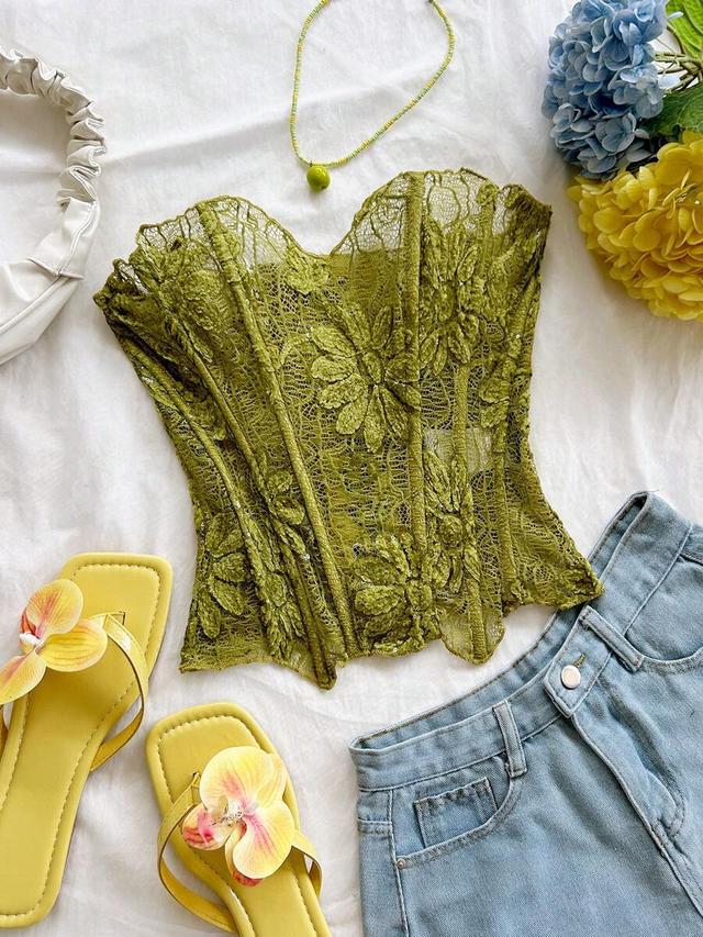 olive green floral embroidered lace corset bustier top