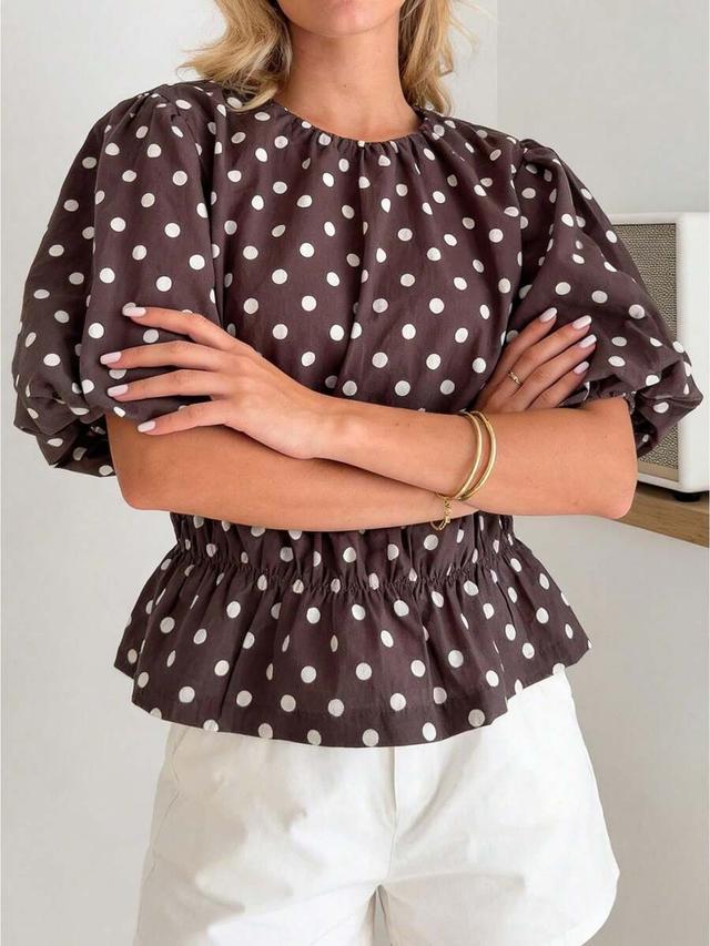 brown polka dot puff sleeve cinched waist blouse