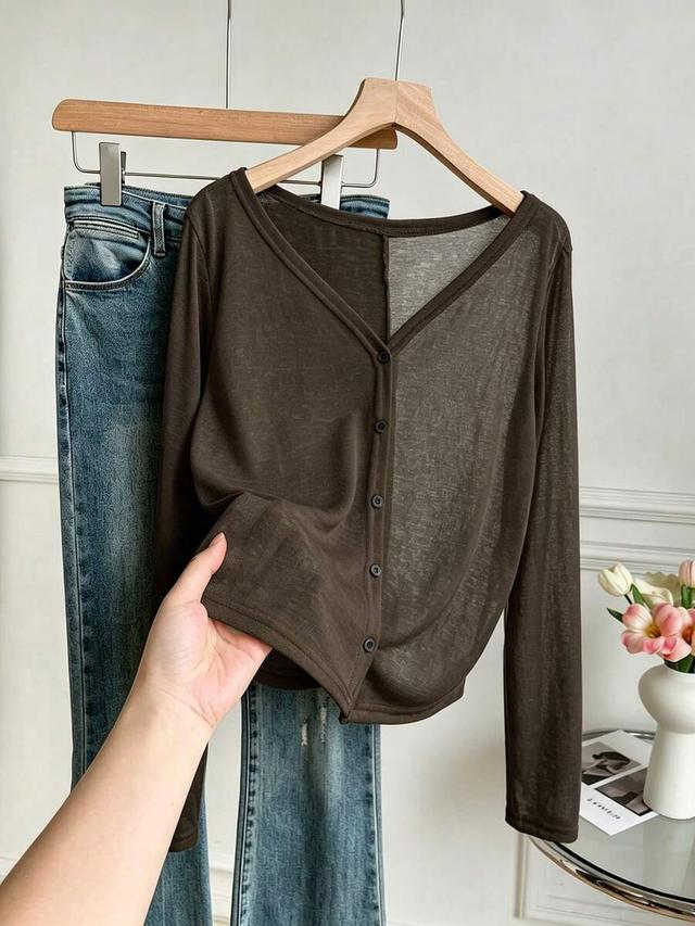 inawly brown long sleeve button-down knit top