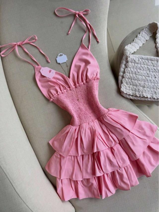 pink spaghetti strap layered cake cocktail dress