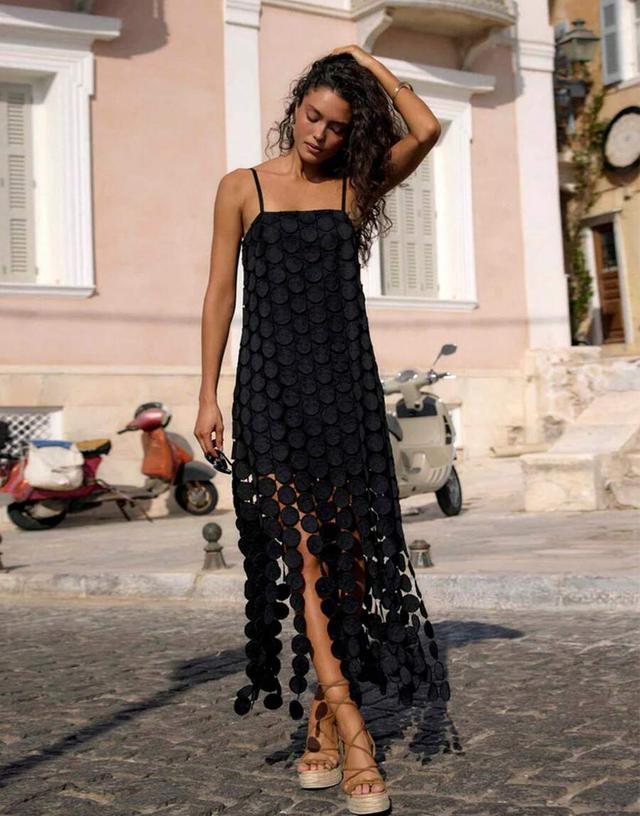 black circular appliqué midi slip dress