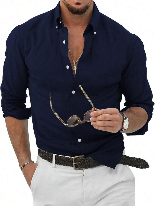men's navy blue long sleeve button-down casual shirt
