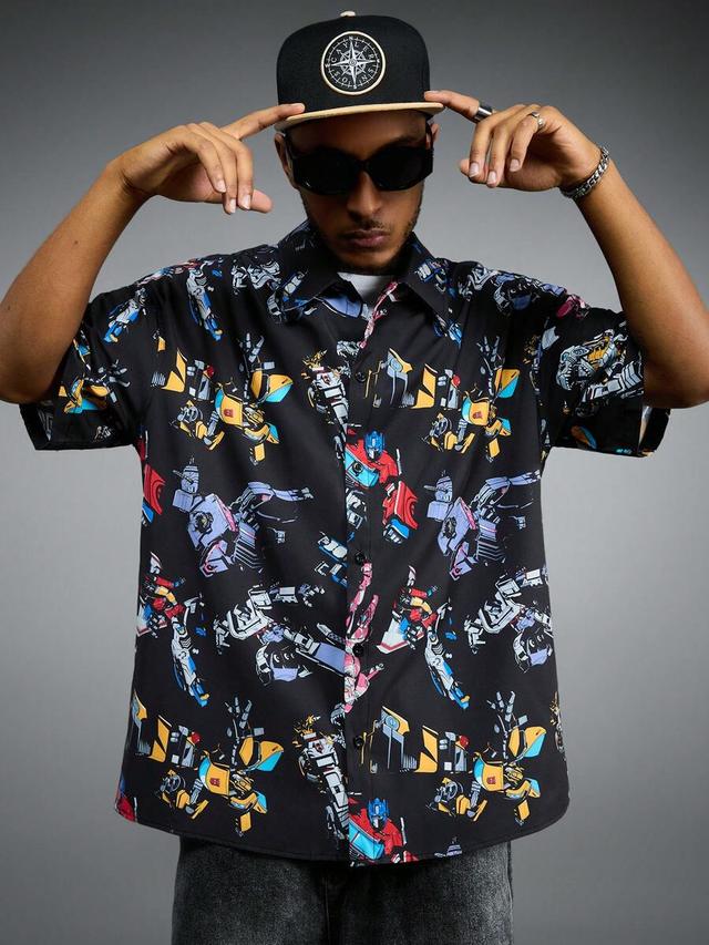 transformers print short sleeve button down shirt