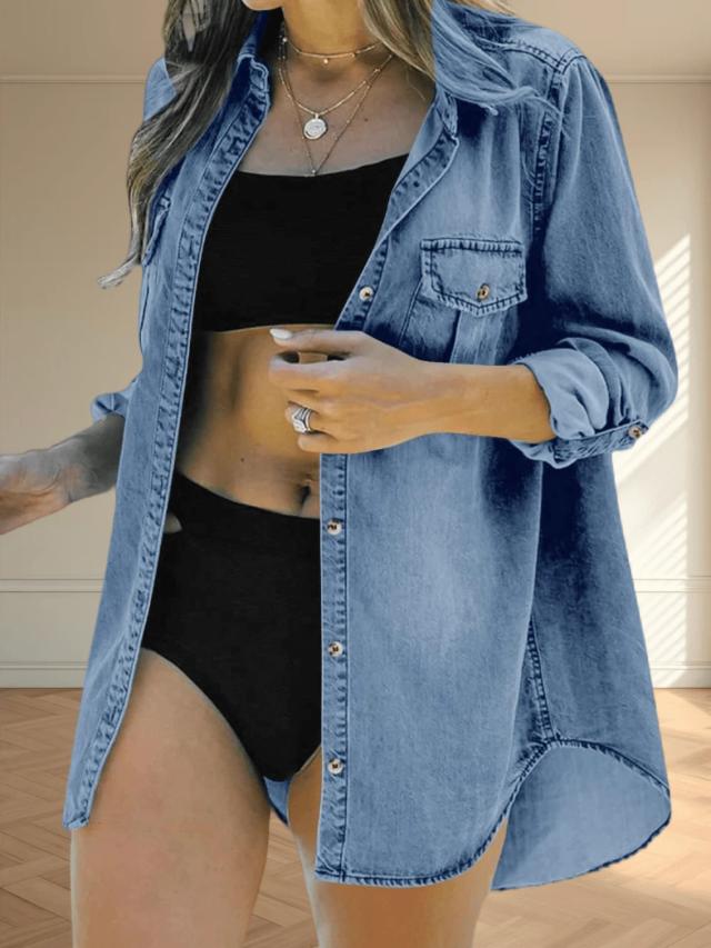 womens distressed denim shirt jacket oversized button down