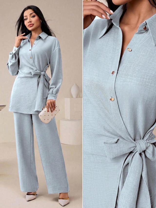 dusty blue textured button-up tie waist long sleeve top