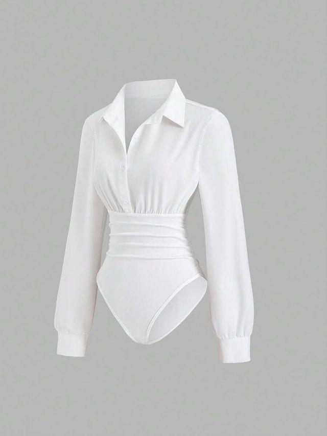 white retro collared long sleeve fitted bodysuit