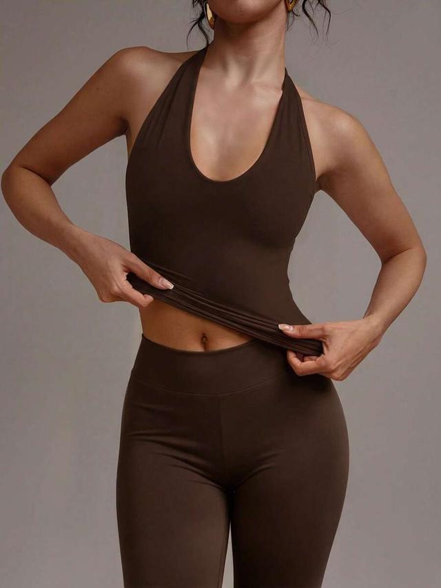 brown backless halter neck fitted tank top