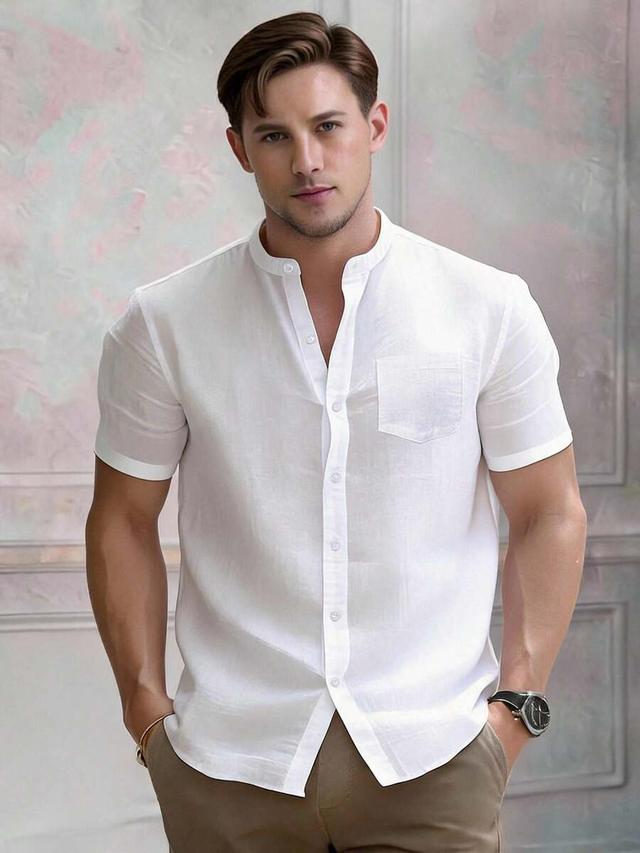 men's comfortable short sleeve vintage casual linen shirt