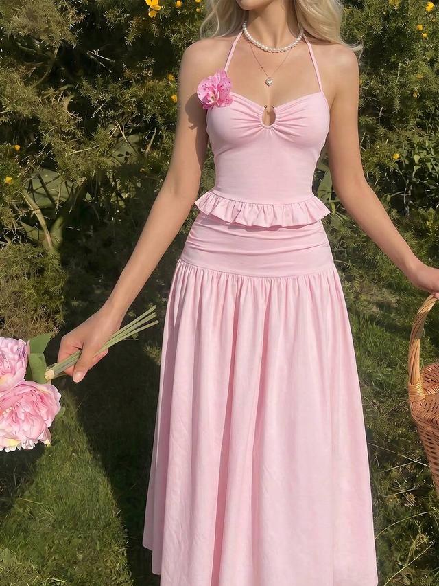 light pink halter top and skirt two piece set