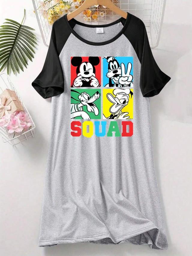 grey raglan sleeve mickey and friends graphic nightgown