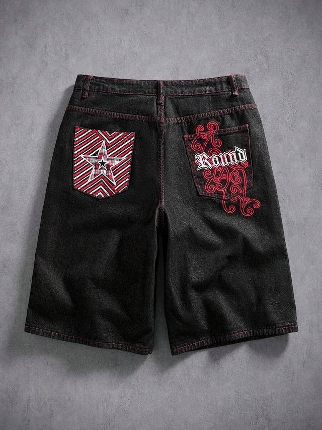 black denim shorts with plaid star and vine embroidery