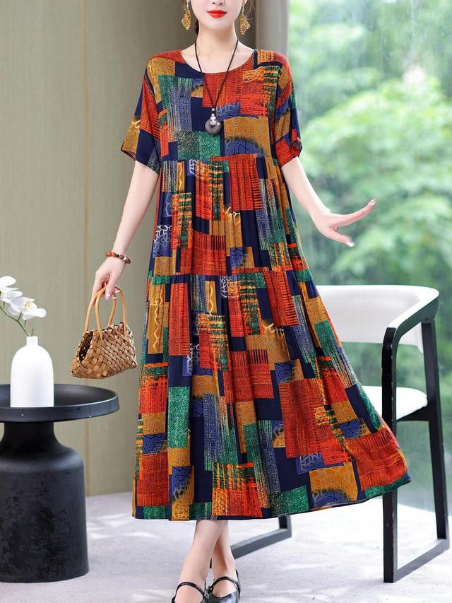 casual summer print mid-long relaxed dress