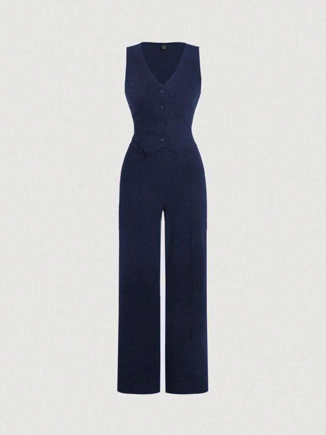 navy blue button front vest and seam front trousers set
