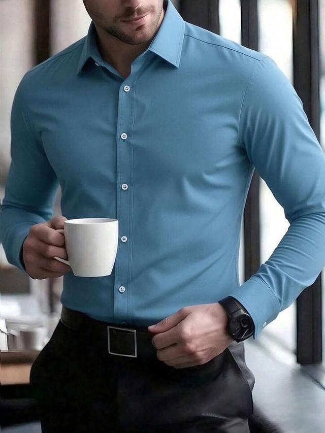 blue solid color long sleeve button down shirt