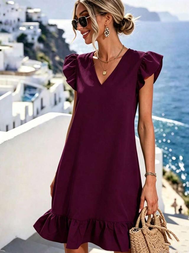 purple v-neck ruffle hem vacation dress