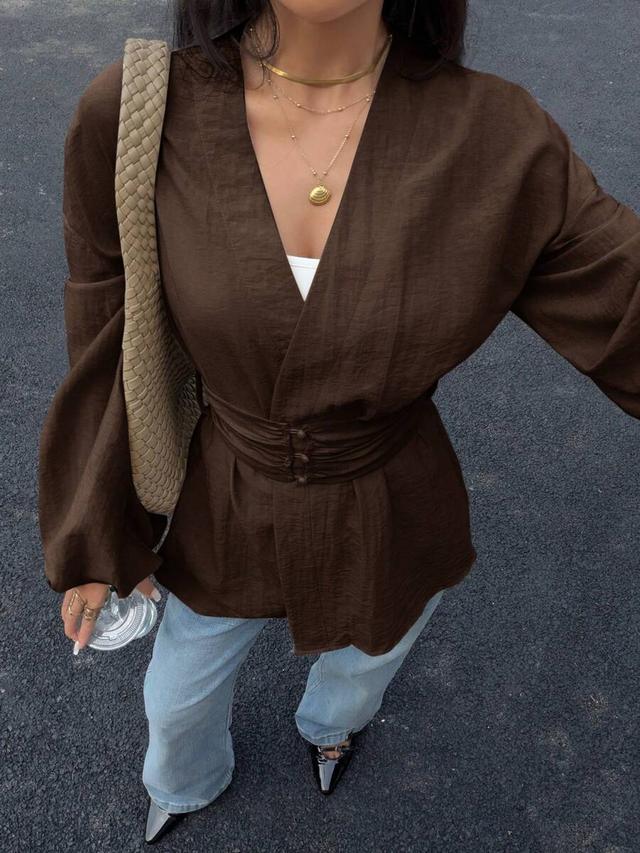 waist-cinching brown lantern sleeve blouse
