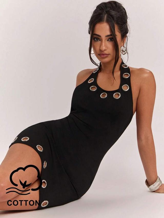 black cotton halter mini dress with metal eyelet detail