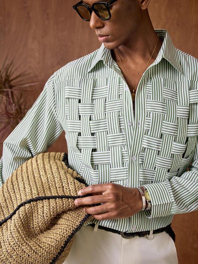 aknotic green striped woven commuter shirt