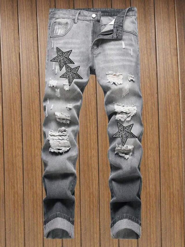 men's grey distressed denim jeans with embroidered star patches