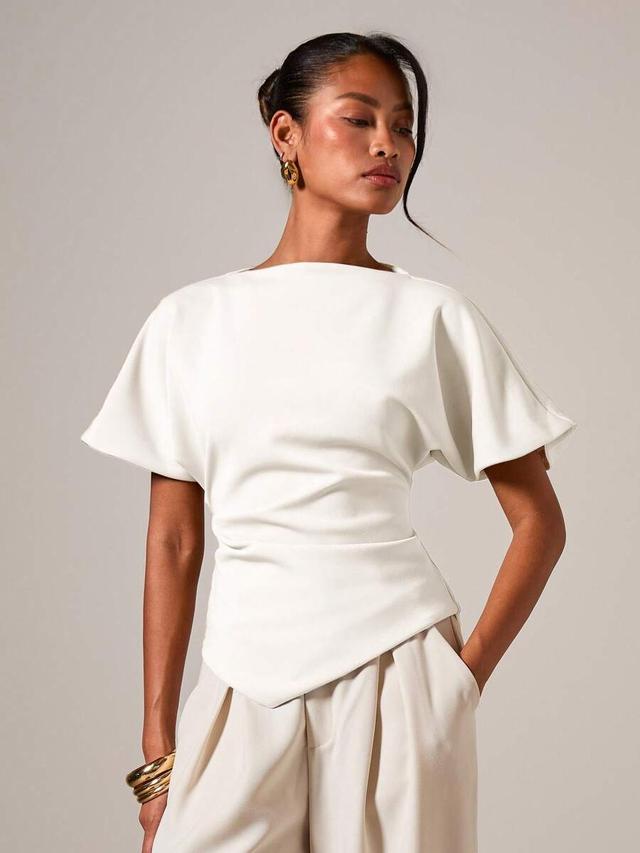 elegant white ruched round neck short sleeve top