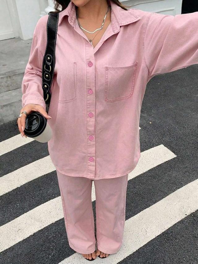 pink slouchy denim shirt and wide leg pants set