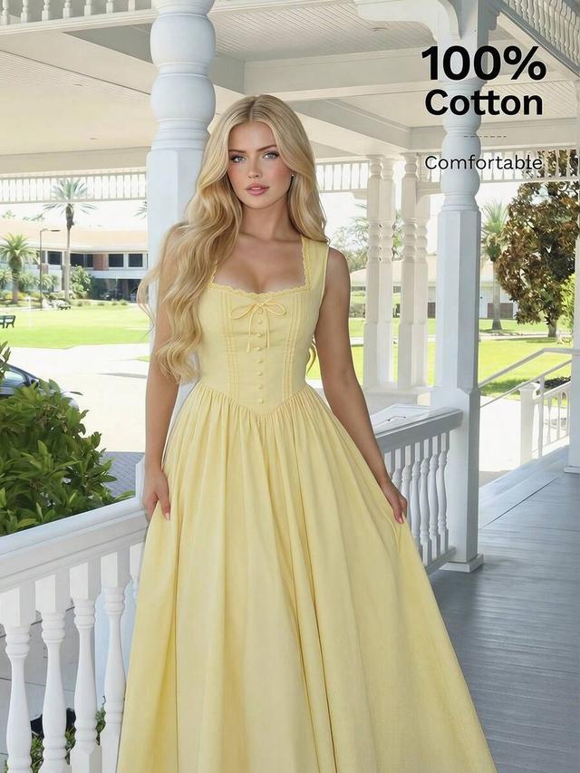 pale yellow cotton square collar button trim dress