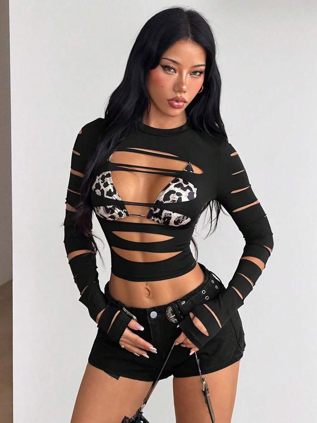 black distressed long sleeve cut-out crop top