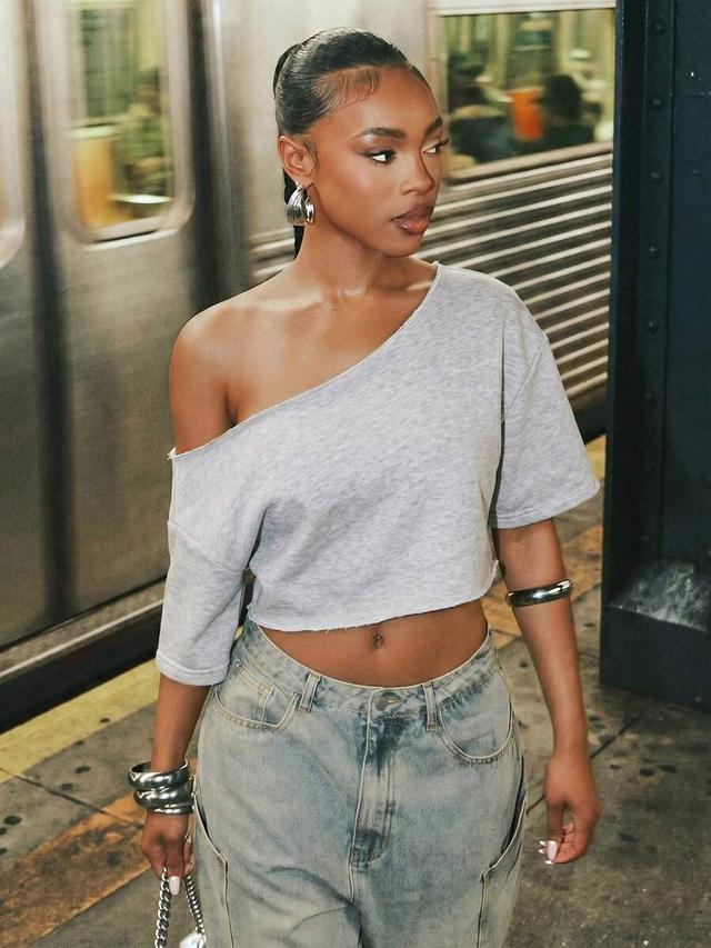 grey heather off shoulder raw edge crop top