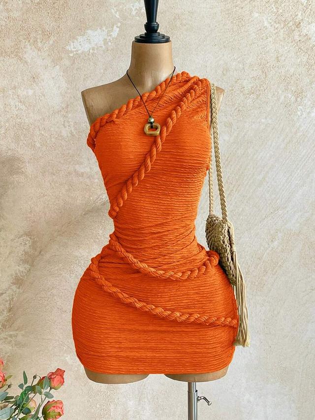orange textured one-shoulder mini dress with rope trim