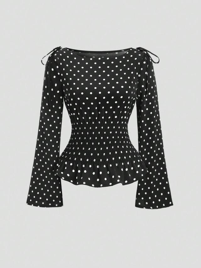 polka dot bowknot waist bell sleeve blouse