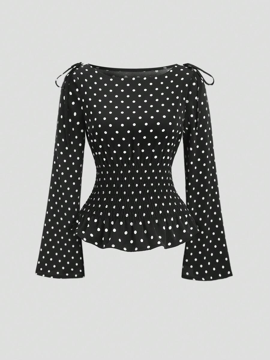 polka dot bowknot waist bell sleeve blouse