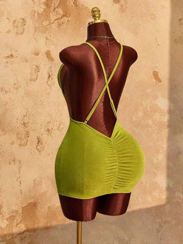olive green minimalist criss-cross mini dress