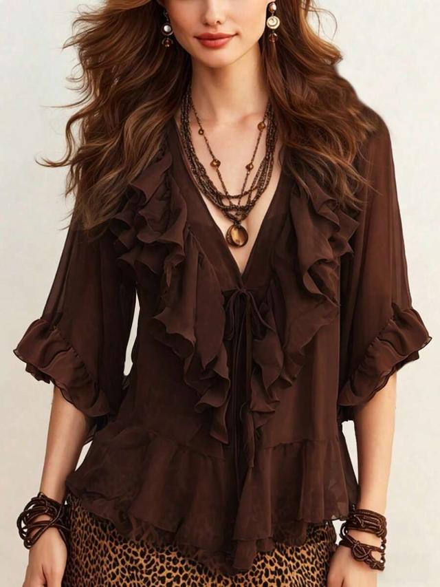 bohemian brown chiffon ruffle blouse v-neck tie front