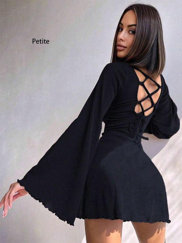 fashionable sexy petite round neck solid color flare sleeve dress
